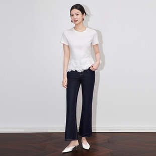 2509812 上衣女夏 简约不规则蕾丝拼下摆纯棉正肩短袖 T恤南油新款