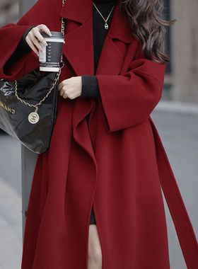 反季西西里红色双面绒呢子大衣女2025秋冬复古中长款毛呢外套