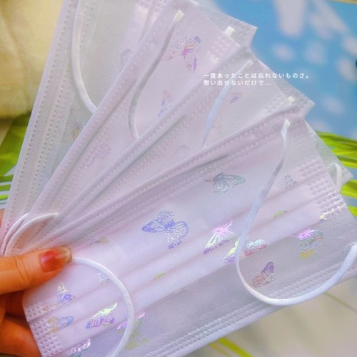 时尚一次性网纱口罩 轻薄透气款女神浅粉色蝴蝶1层网纱+2层无纺布