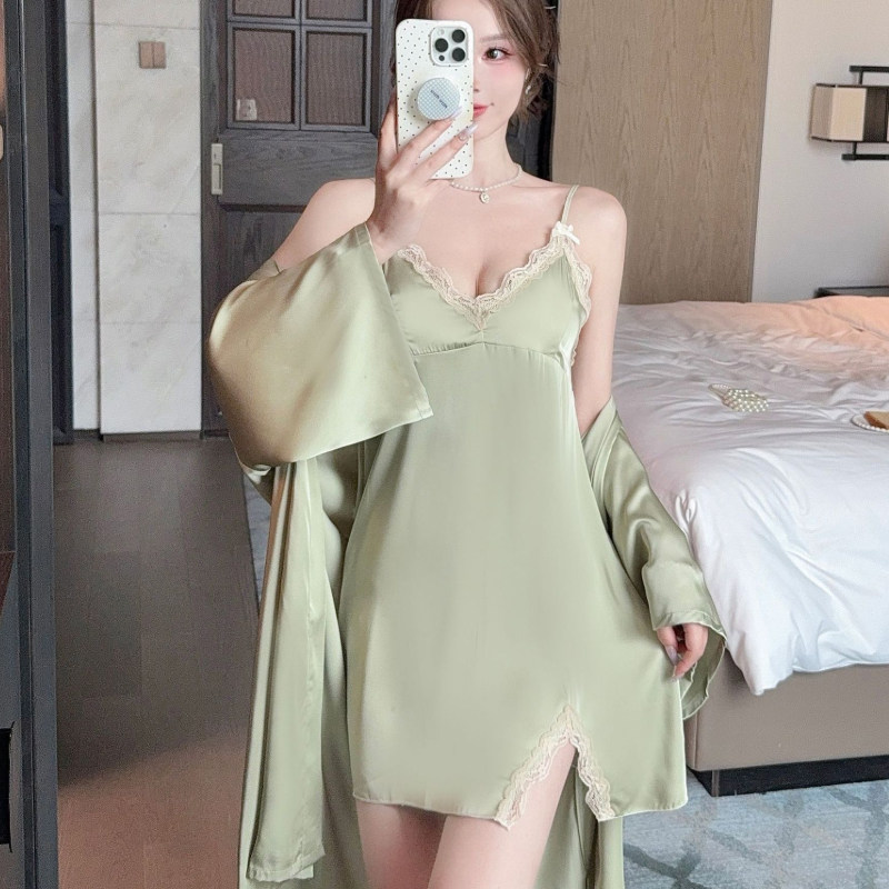 性感睡衣女款春夏季2026新款纯欲冰丝蕾丝吊带睡裙带胸垫两件套装