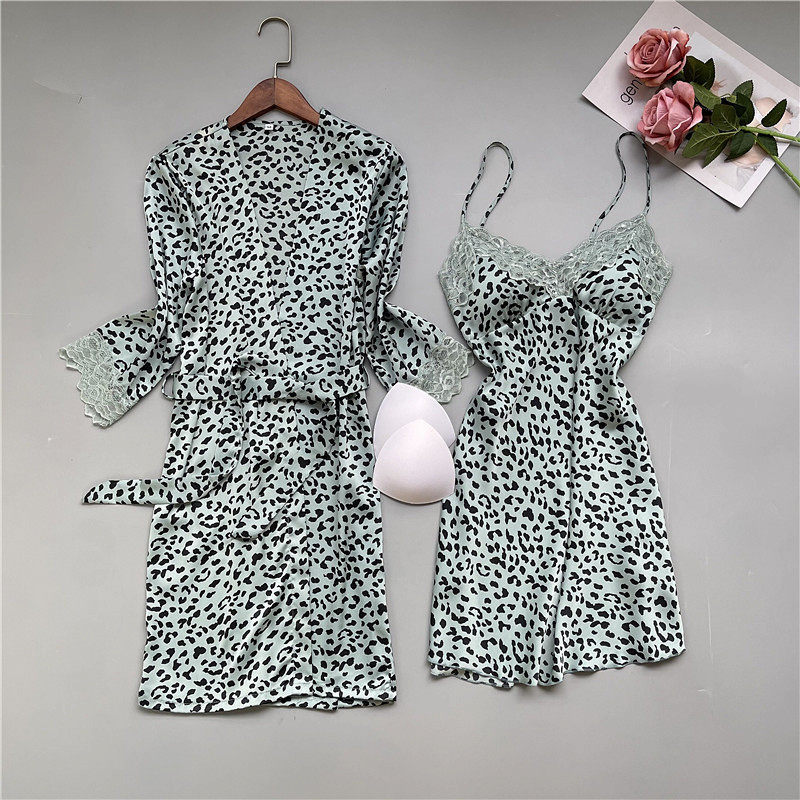 冰丝睡衣女夏季睡裙带胸垫两件套丝绸豹纹蕾丝春秋薄款吊带可外穿