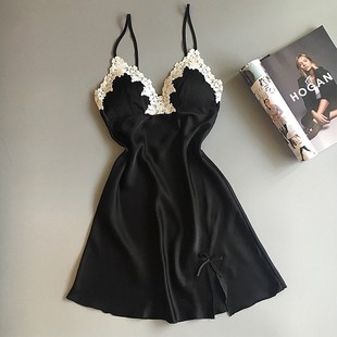 吊带性感睡衣女夏薄小胸聚拢睡裙春秋季 冰丝绸短裙带胸垫2025新款