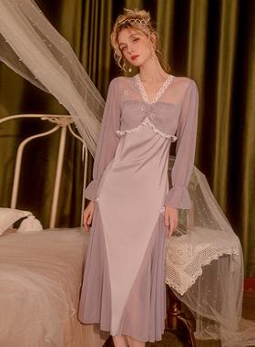 仙女风紫色法式性感睡衣蕾丝长裙高级感冰丝吊带睡裙加胸垫纯欲