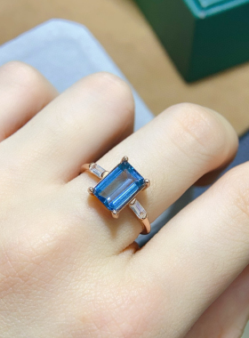 天然伦敦蓝托帕石戒指 925银精工镶嵌 主石方7*9mm开口公主方戒指