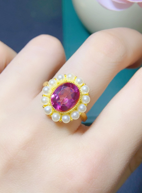 天然粉托帕戒指 精品粉托帕爆闪火彩主石尺寸8*10mm925银镀玫瑰金