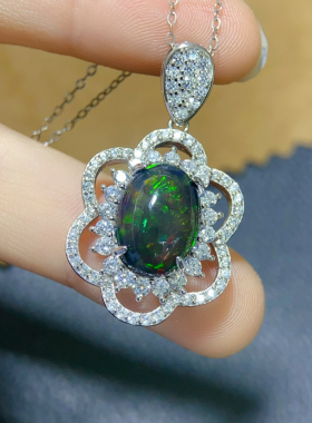 韩版大克拉澳洲黑欧泊吊坠项链女款925纯银带钻奢华银饰颈饰变彩