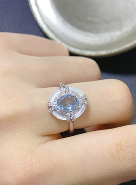 天然海蓝宝高级女戒s925纯银镀18k白金色镶嵌 天然宝石女开口