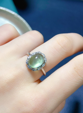 特惠新款925银镶天然葡萄石戒指 主石尺寸8*10MM 开口戒指