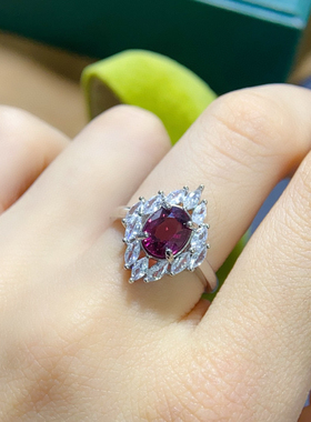 天然紫牙乌石榴石戒指女s925纯银简约冷淡风个性宝石开口指环戒