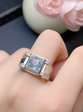 天然海蓝宝s925银戒指男款大颗粒克拉指环托镶嵌加工