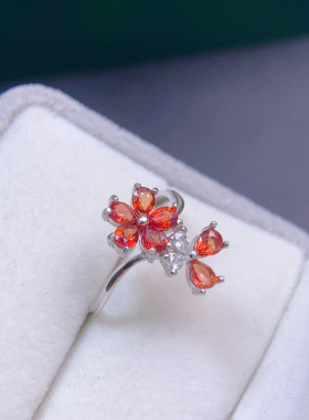 银饰戒指空托日韩时尚清新花朵戒面镶嵌椭圆3*4mm红蓝宝石