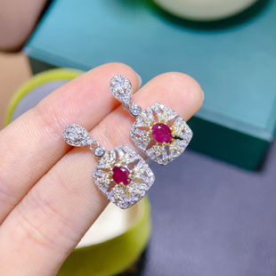 新款 5MM镶嵌缅甸红宝石 S925纯银镶嵌天然红宝石耳钉耳环椭圆4