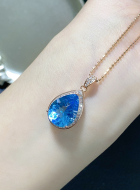银镶天然蓝托帕石吊坠主石尺寸10*14mm送项链支持鉴定