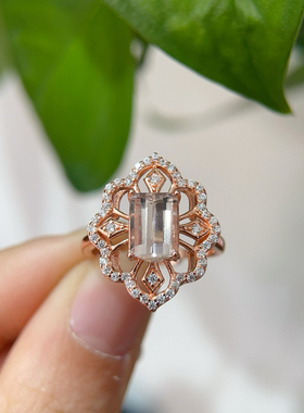 天然摩根石指环戒指开口切割戒指欧美925银轻奢新款百搭精工