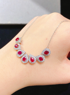 天然红宝石吊坠女银镀18K金彩色宝石项链 微笑链红宝石锁骨链