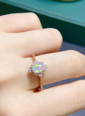 s925银戒指空托椭圆形4*6mm时尚简约镶嵌天然欧泊石戒面活口女