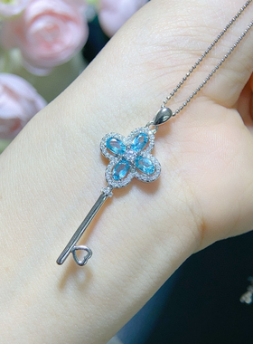 天然蓝磷灰石钥匙简约钥匙锁头吊坠小众时尚设计感微镶锁骨链ins