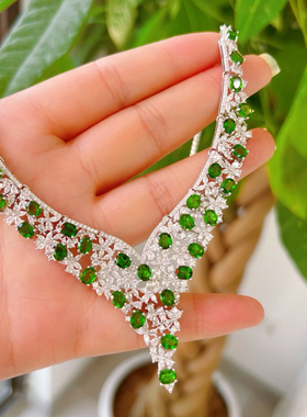 精品 天然透辉石大项链纯银镶嵌项链女款彩宝镶嵌饰品礼物晚礼服