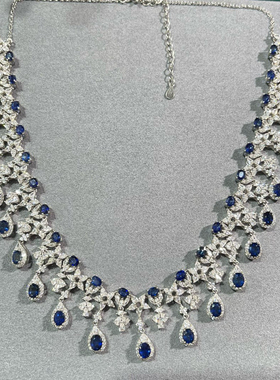 天然斯里兰卡蓝宝石套链项链 925银豪华款项链 项链空托 大气