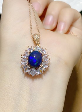 天然黑欧泊吊坠项链坠颜色十分浓郁国标银镶嵌电镀18k金吊坠