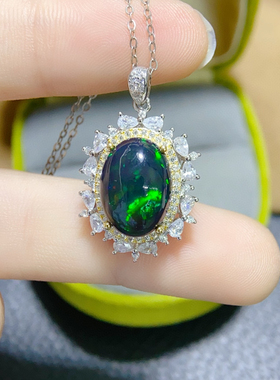 戴妃款澳洲黑欧泊吊坠项链女经典款彩色宝石吊坠女镶嵌定制