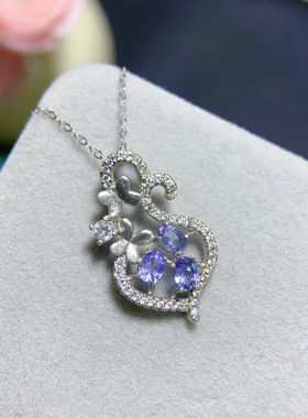 天然坦桑石吊坠妖艳紫 全净体爆闪火彩925银精工镶嵌！主石3*4mm