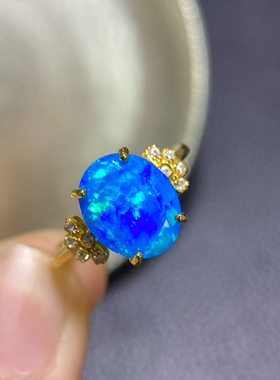 天然蓝欧泊戒指开口戒指S925银精工镶嵌主石尺寸9*11mm