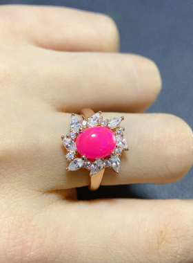 天然粉欧泊镶嵌925银戒指女款时尚活口指环玉石戒子