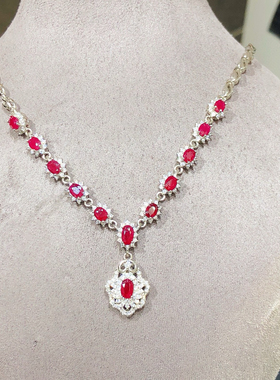 银镶天然红宝石链排高大上尊贵典雅时尚晚礼重工艺项链支持复检