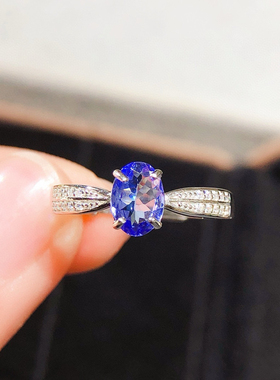 925银镶天然坦桑石戒指 主石尺寸5*7mm优雅精致活口女戒