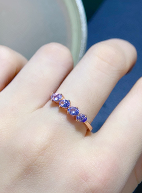 925银镀金天然坦桑石戒指3*4Mm排戒精致简约天然可鉴定