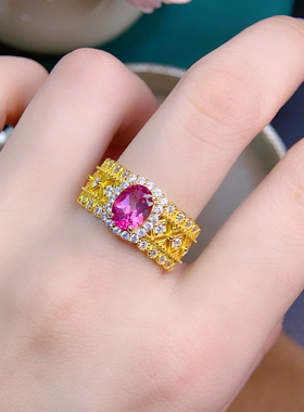 天然粉托帕戒指 精品粉托帕，晶体全净颜色太美了925银镀玫瑰金