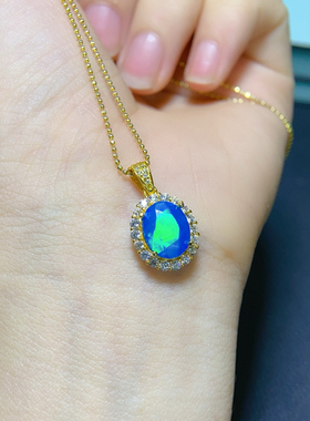 炫彩蓝欧泊吊坠，绝美显白，主石8*10mm，S925银精工镶嵌