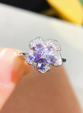 天然坦桑石戒指925银戒指坦桑石蓝色切面净体火彩好坦桑石戒指