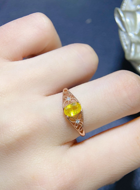 纯天然黄蓝宝戒指 女开口可调节 超粉嫩晶体通透5A级宝石纯银镶嵌