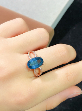 纯天然伦敦蓝蓝托帕石颜色超深主石尺寸8*12mm925银精工镶嵌