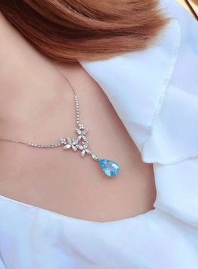 3.75克拉海蓝宝项链18k金搭配大马眼钻镶嵌质感无敌！