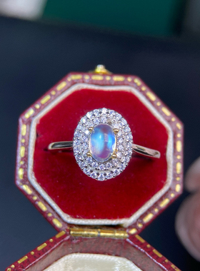 天然月光石戒指精品玻璃体微棉颗颗强蓝光活口925银精工镶嵌