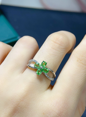 新款天然沙弗来戒指3*4Mm开口宝石戒指925银镀白金色