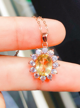 天然黄水晶吊坠925银项链镀18K白金镶嵌女款原矿彩宝挂件颈饰时尚