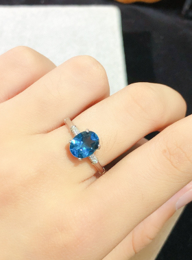 天然托帕石戒指 伦敦蓝托帕石手饰纯银镶嵌彩宝简约大气 支持定制