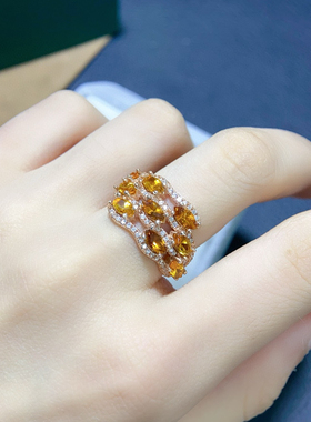 天然招财黄水晶戒指 经典款裸石规格3*6mms925纯银镀18k真金镶嵌