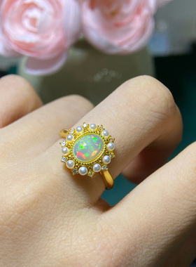 s925银镀黄金戒指欧泊椭圆6*8mm镶嵌珍珠精致百搭复古宫廷中国风