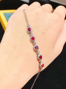 红宝石手链经典简约款全净体品质爆闪火彩主石3*4mm925银精工镶嵌