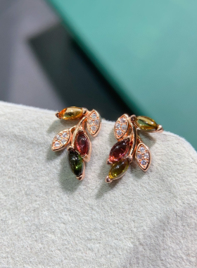 纯天然碧玺耳钉s925银镀双色电镀工艺 火彩好主石3*6mm