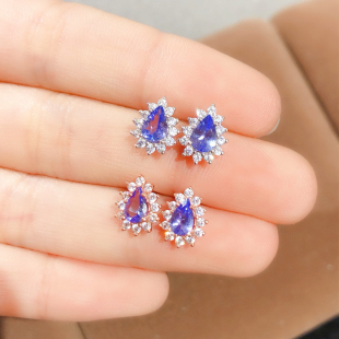 6mm 气质耳饰4 珠宝正品 天然坦桑石耳钉银镀18K金镶嵌彩宝戴妃款