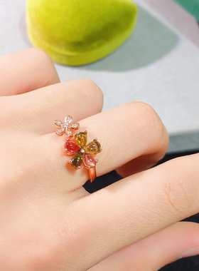 天然宝石彩碧玺戒指女银镀18k金镶嵌天然碧玺素面碧玺天然可鉴定