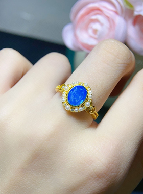炫彩蓝欧泊戒指，绝美显白，主石6*8mm，S925银精工镶嵌