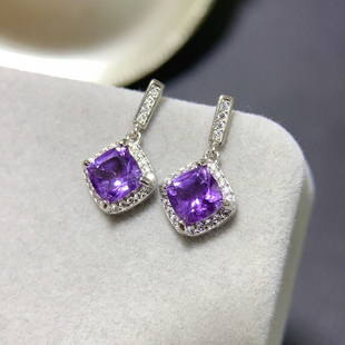 天然紫水晶耳钉女纯银镶嵌钻石时尚 气质百搭高级感轻奢小众设计款