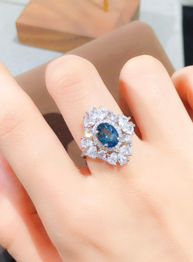 特惠新款天然伦敦蓝托帕石戒指925银镀金开口戒指6*8 mm